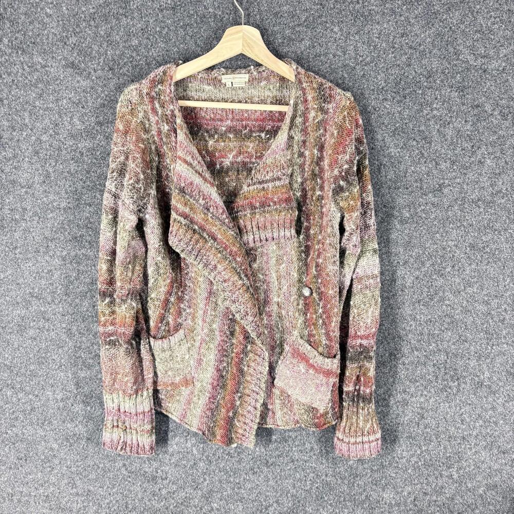 Royal Robbins Cardigan Women L Large Beige Striped Knit Wool Long Sleeve Pockets